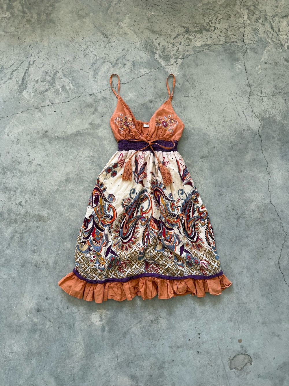 Rebellion Orange Paisley Midi Dress with Purple Accents